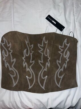 Fashion Nova Brown Suede Embroidered Strapless Crop Top